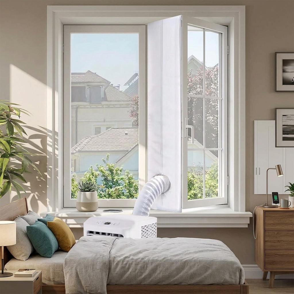 Monobloc Essentiel installé dans une chambre, avec gaine et calfeutrage de fenêtre